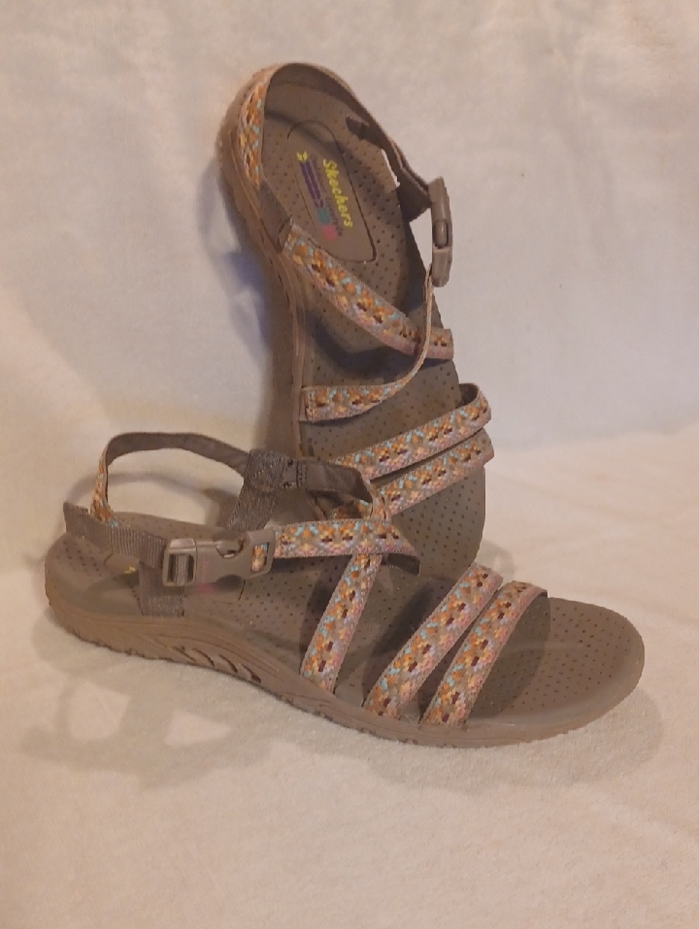Skechers Taupe Strappy Sandals with Pastel Patterned Straps Size 8